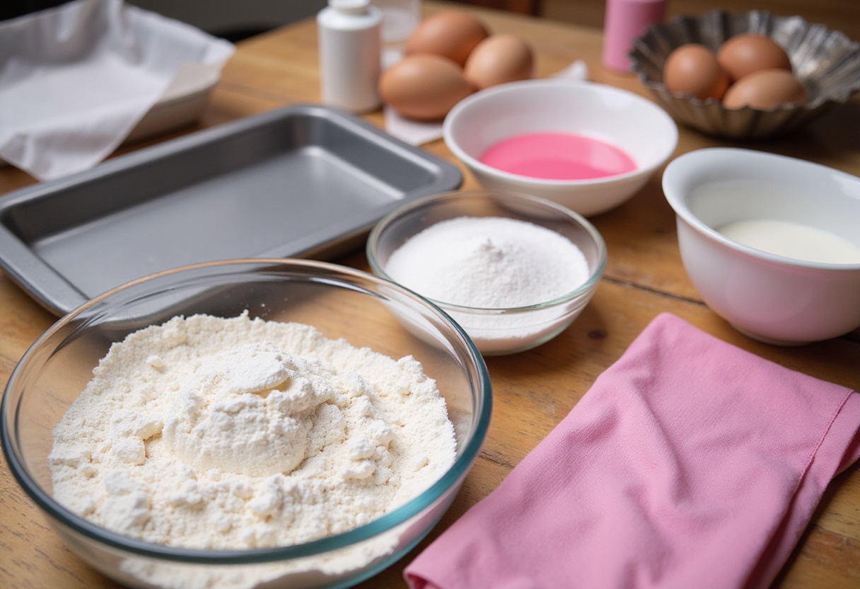 Ingredients for making a Barbie cake, including flour, sugar, and pink food coloring.