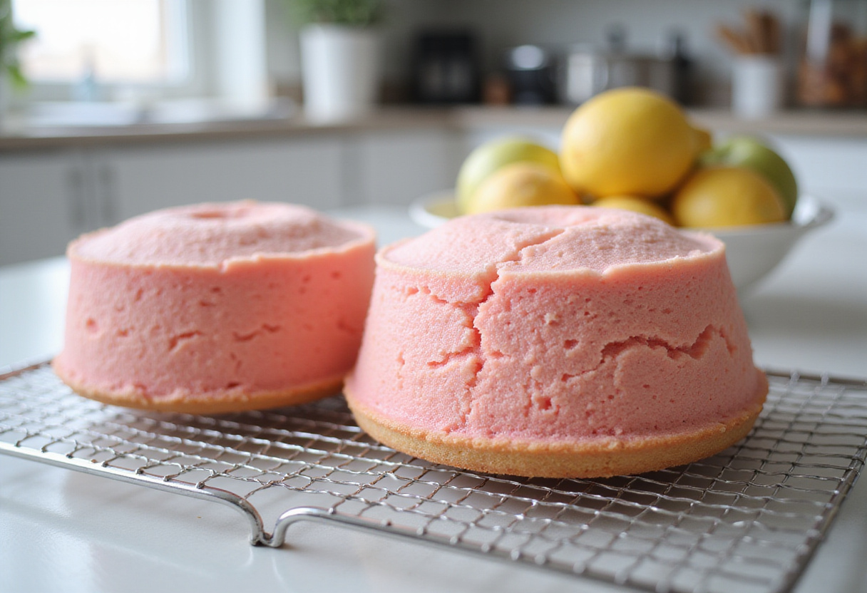Pink cake layers cooling on a rack after baking for a Barbie cake.