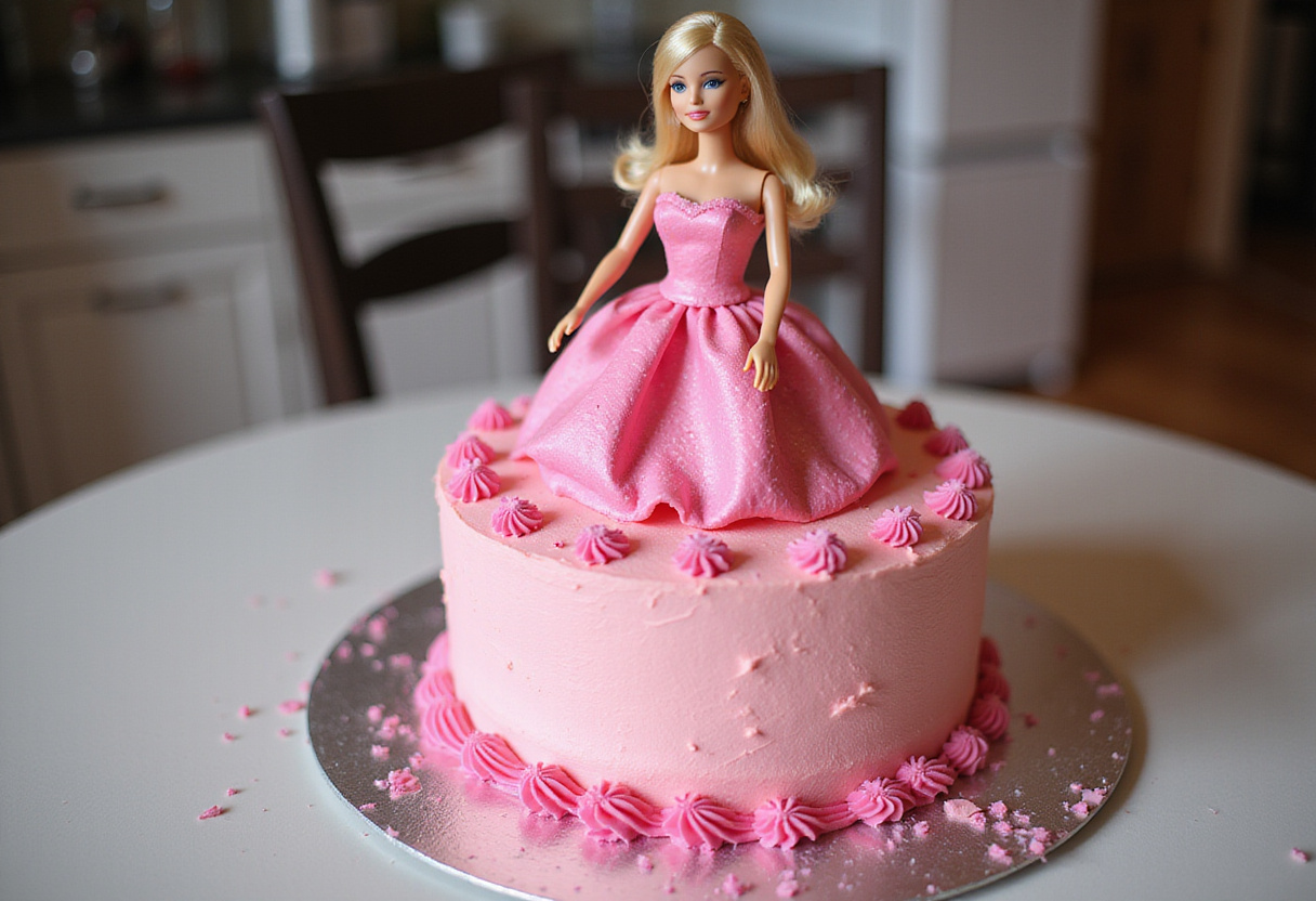 Frosted pink cake with decorations and Barbie doll ready for final assembly.
