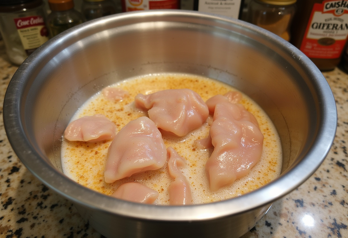 Chicken cubes marinating in milk and seasonings for chicken bread recipe.