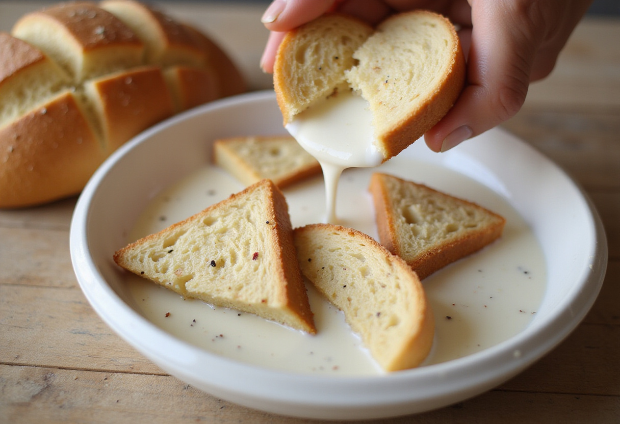 Bread slices soaking in a milk mixture for chicken bread.