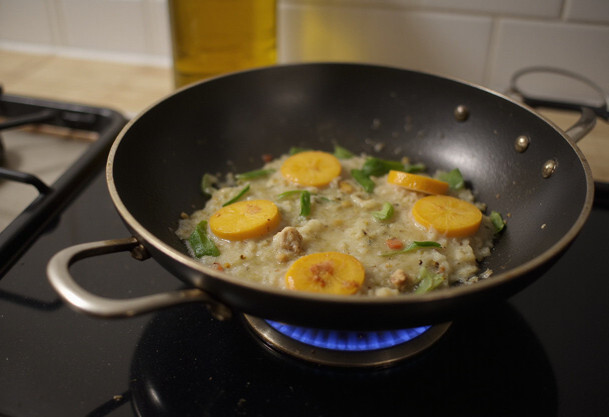 Skillet heating on a stove to cook chicken bread.
