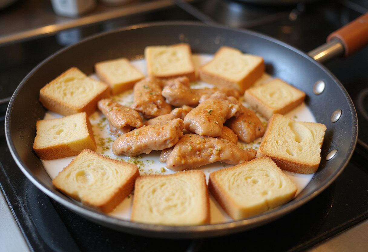 Arranging bread and marinated chicken to make chicken bread.