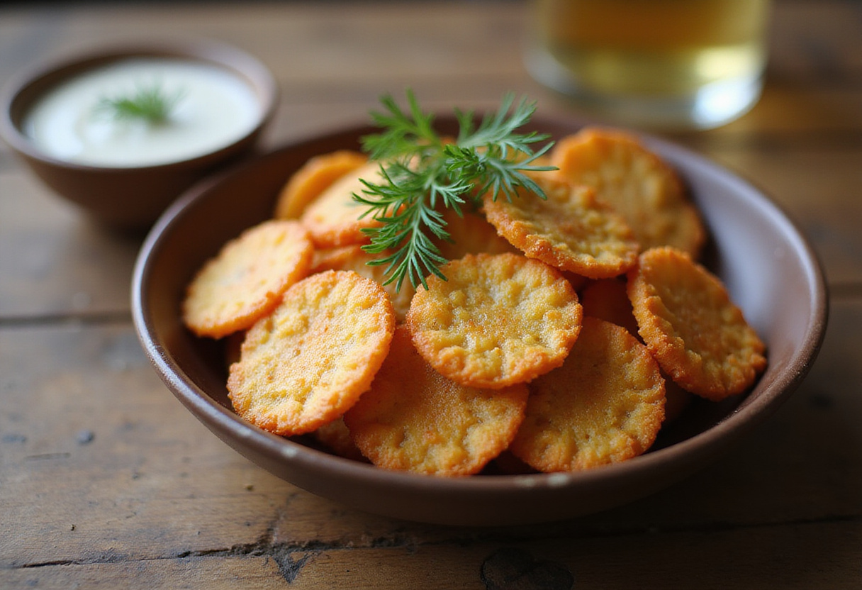 Finished crispy cottage cheese chips served with dill and dipping sauce, a healthy snack option.