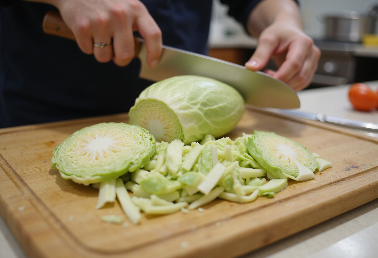 Slicing fresh green cabbage for a simple cabbage bread recipe.
