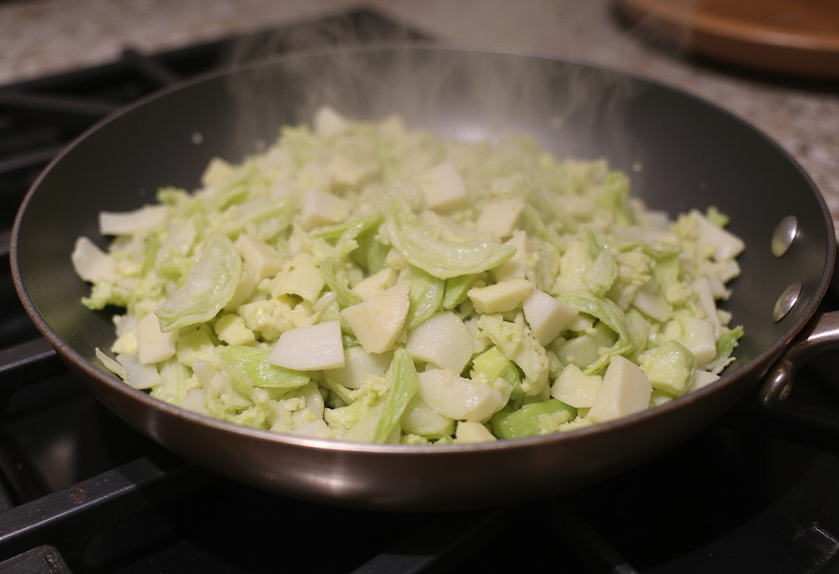Sautéing cabbage and onions for a quick weeknight cabbage bread.