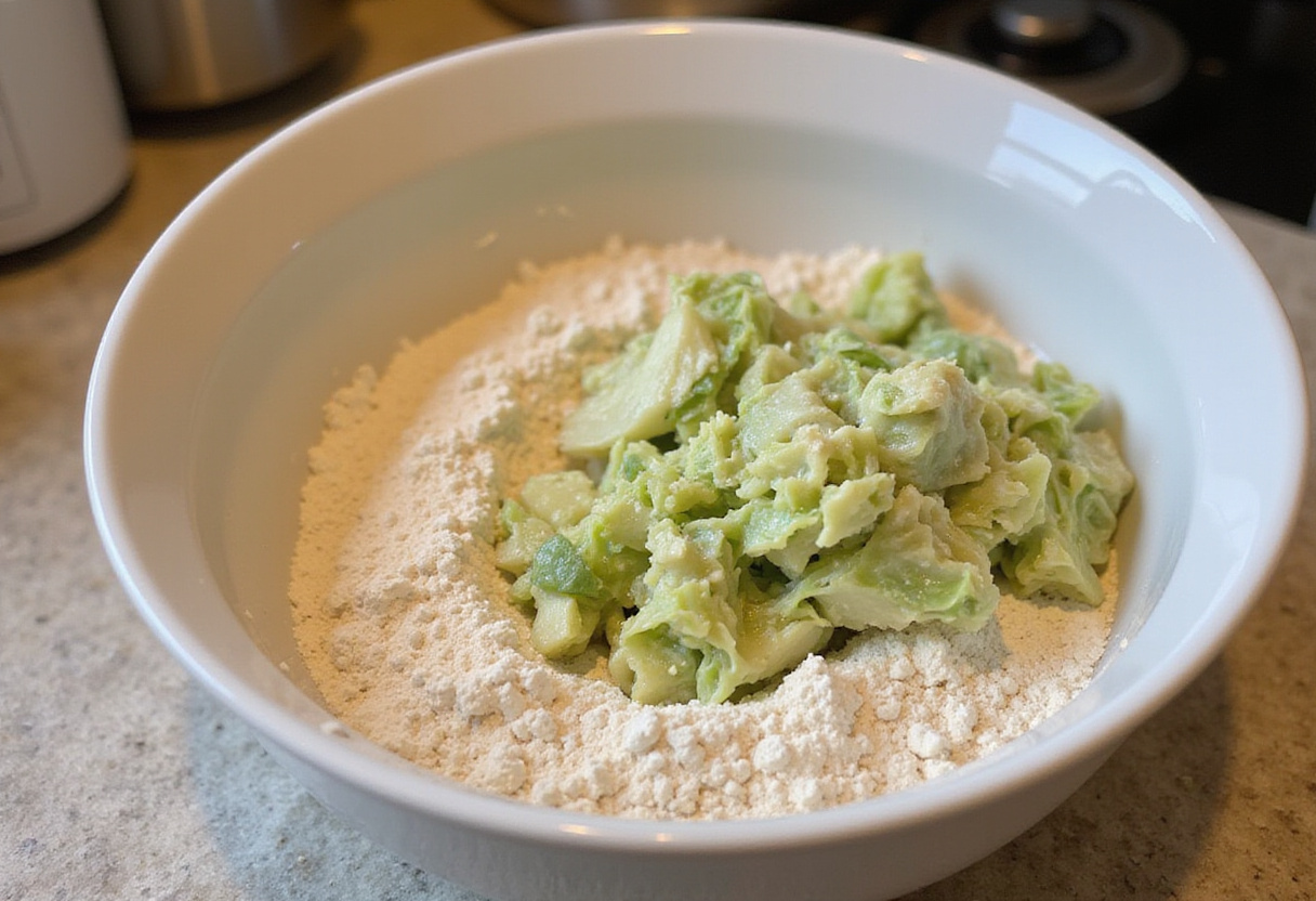 Mixing cabbage and flour for a simple cabbage bread recipe.