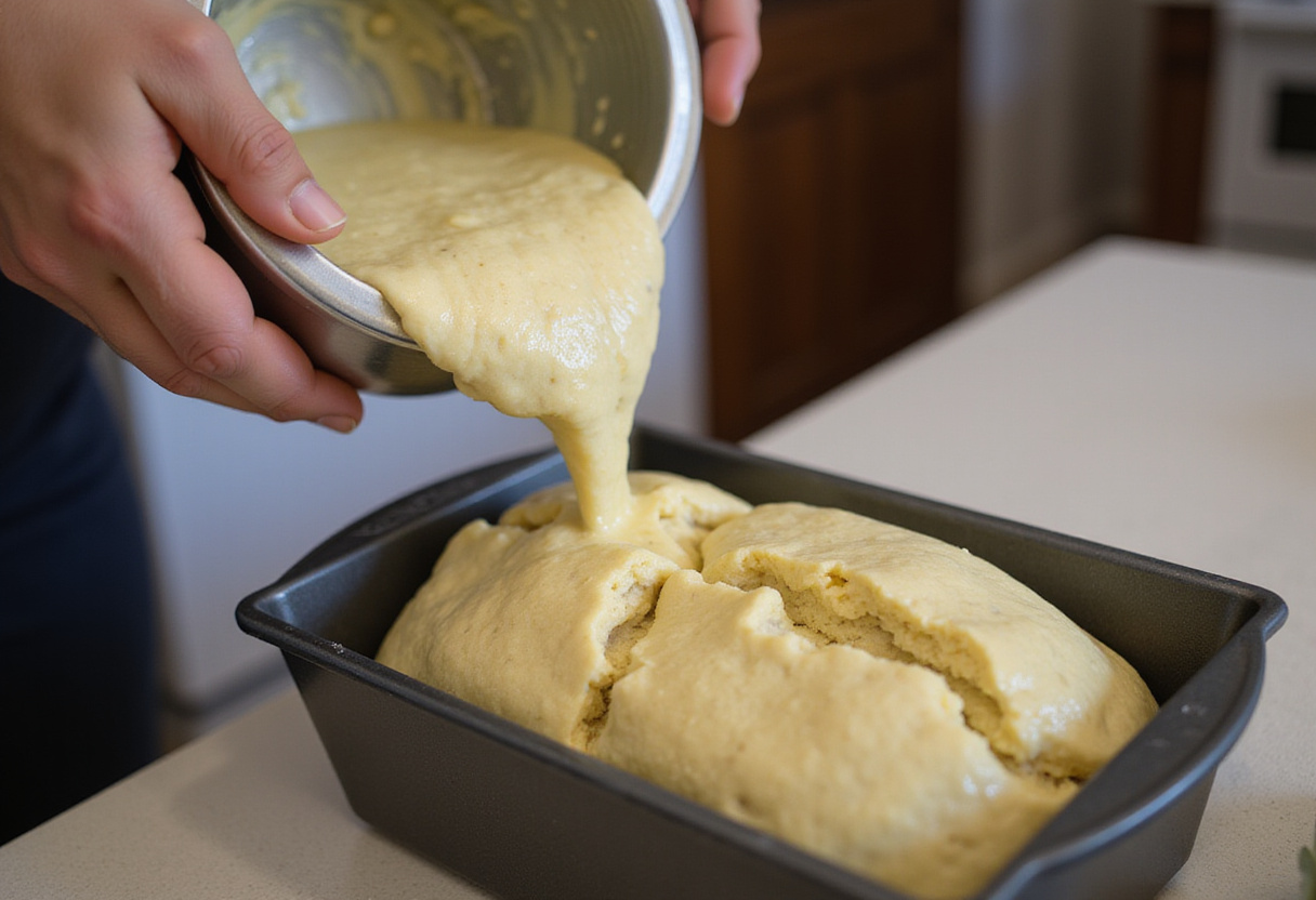 Cabbage bread dough in a loaf pan, ready to bake for a weeknight dinner.
