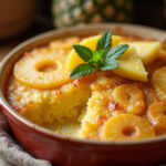 Delicious baked Pineapple Casserole with pineapple garnish.