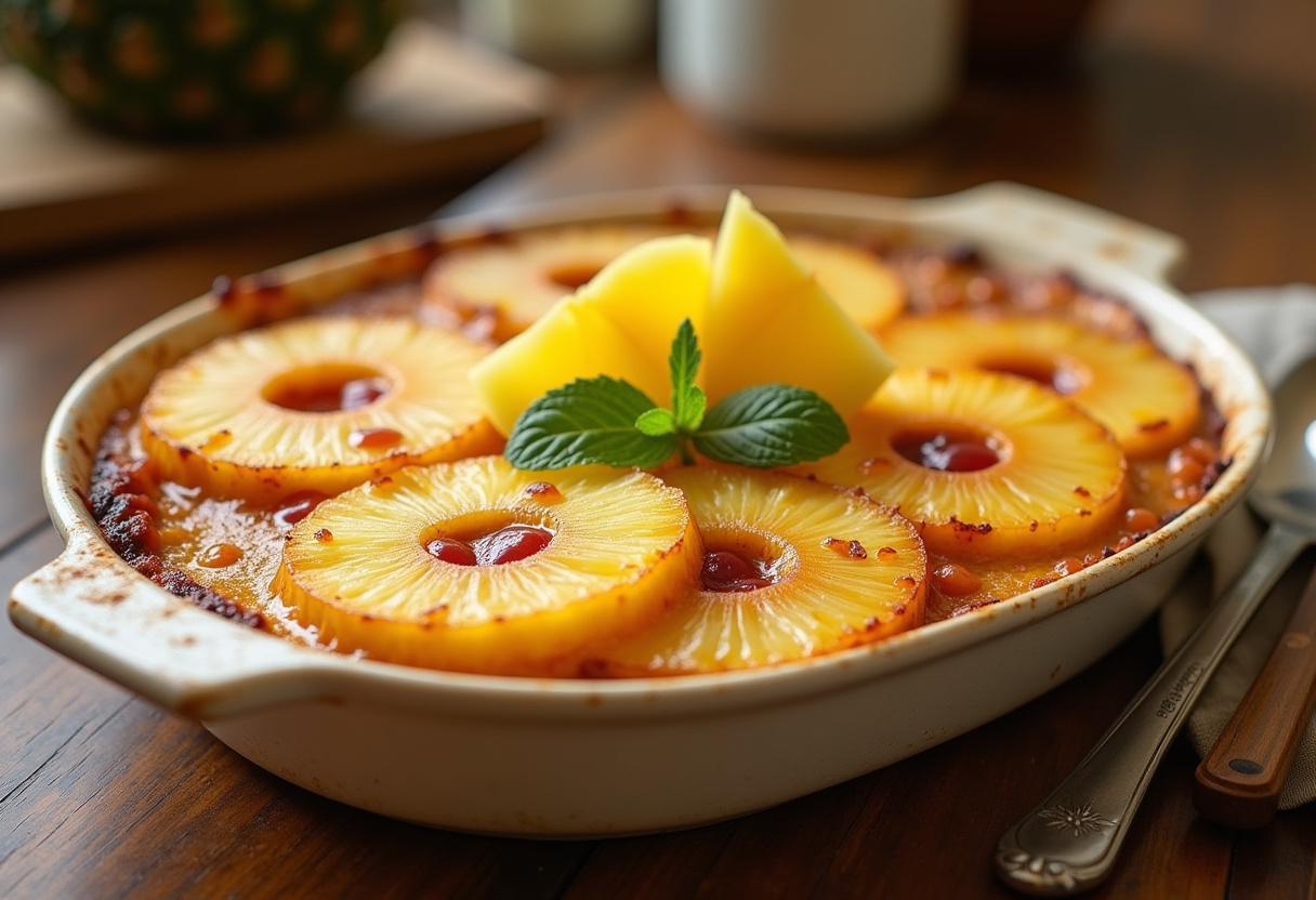 Delicious baked Pineapple Casserole with pineapple garnish.