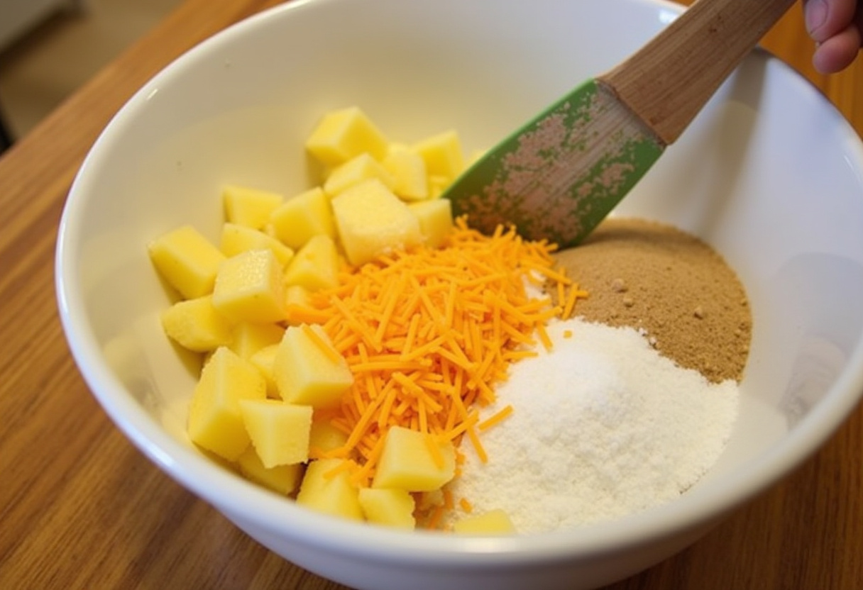 Combining pineapple, cheese, and sugar for Easy Pineapple Casserole.