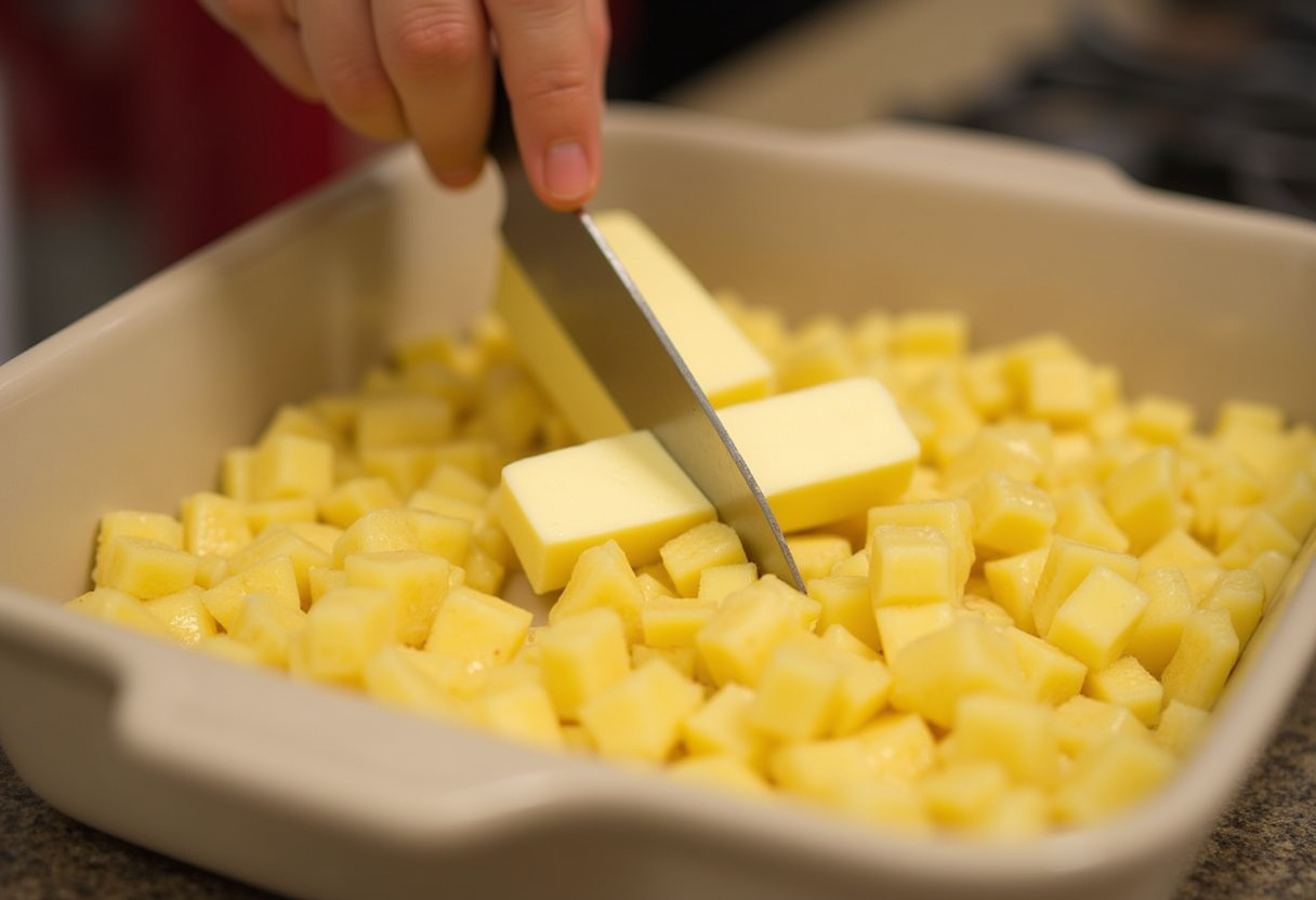 Adding butter pats to pineapple casserole before baking.