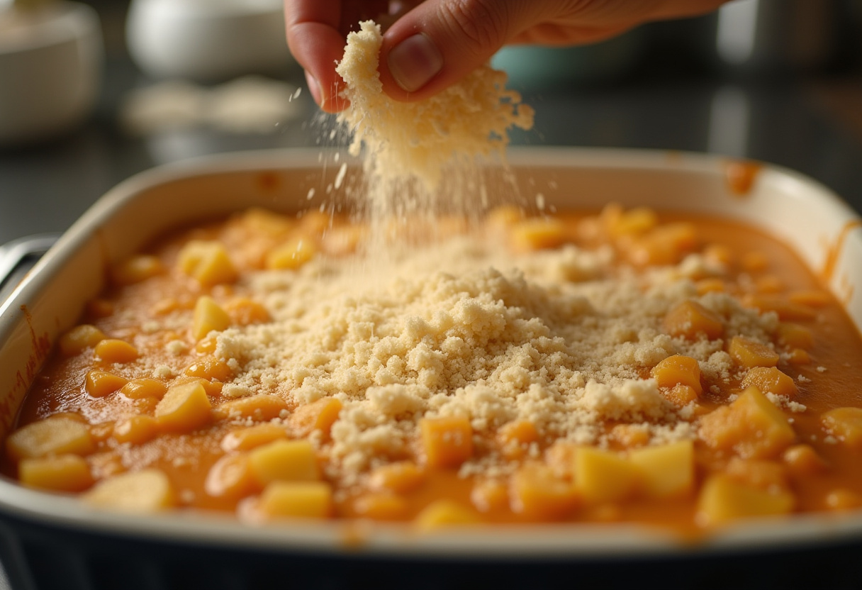 Sprinkling bread crumbs on Easy Pineapple Casserole.