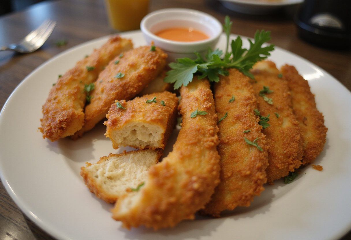 Delicious baked chicken bread, sliced and served with herbs and dipping sauce.