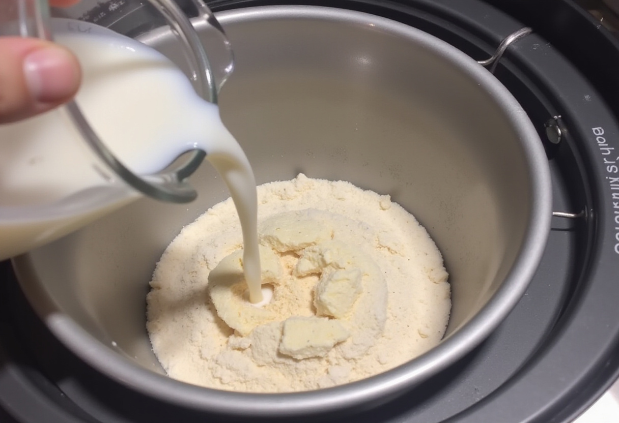 Adding liquid to bread machine pan for homemade bread.