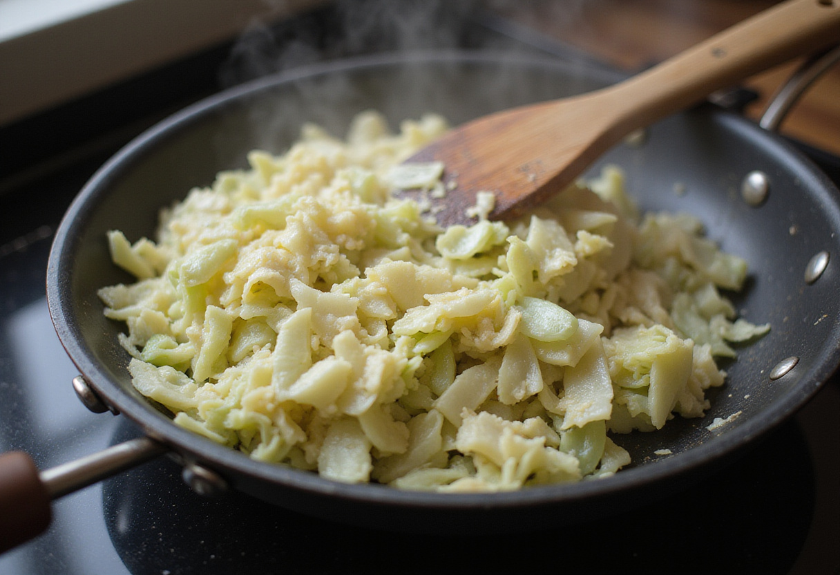 Sautéing shredded cabbage in a pan for homemade cabbage bread recipe.