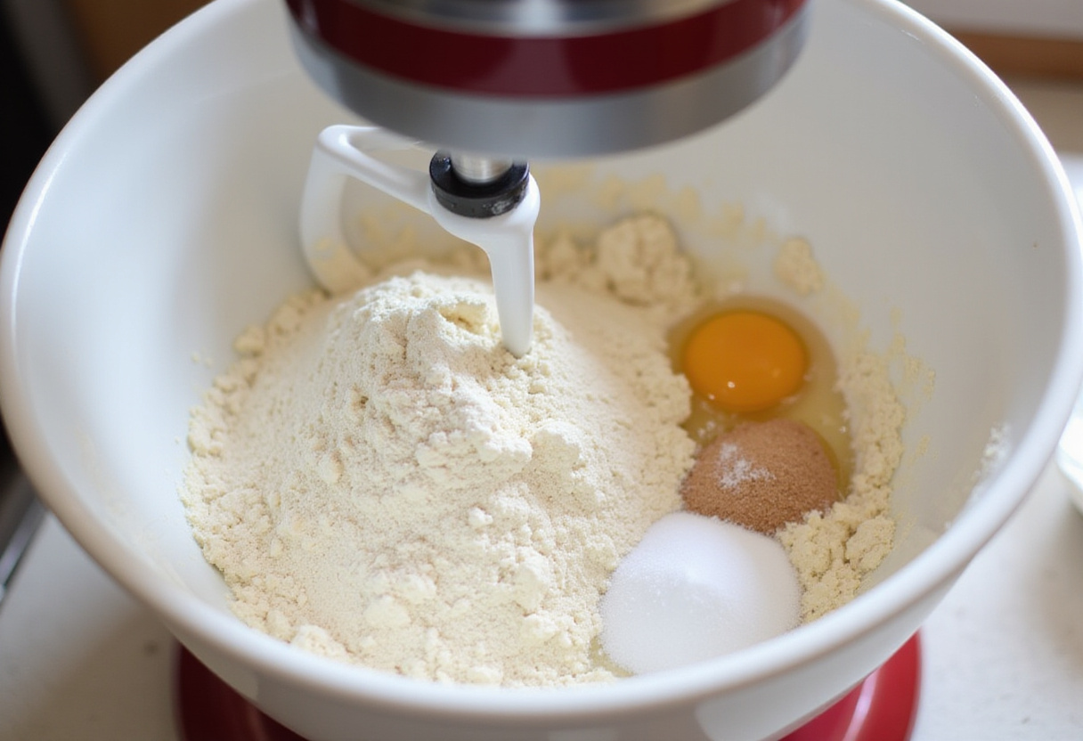 Mixing dry ingredients for perfect cabbage bread recipe.