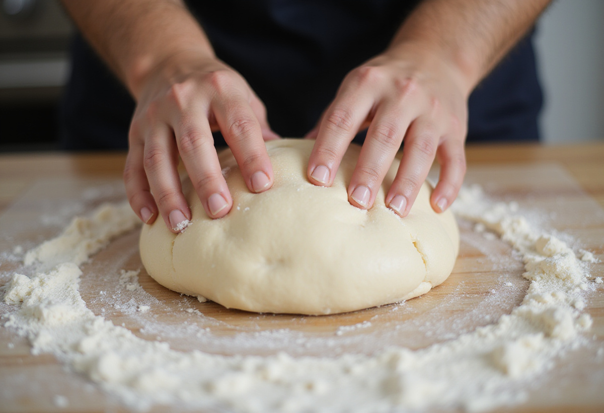Kneading cabbage bread dough on a floured surface.