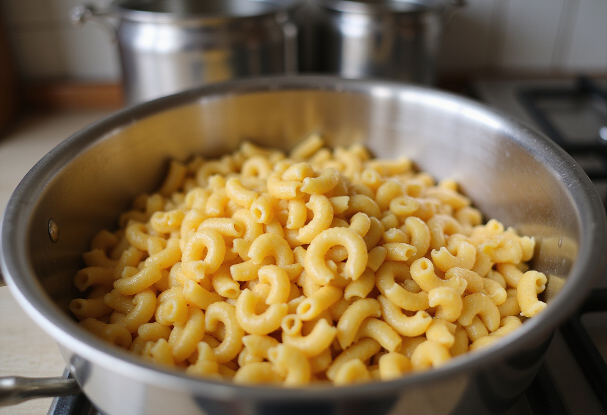Cooked macaroni in a mixing bowl, first step for Cracker Barrel Macaroni and Cheese Recipe.