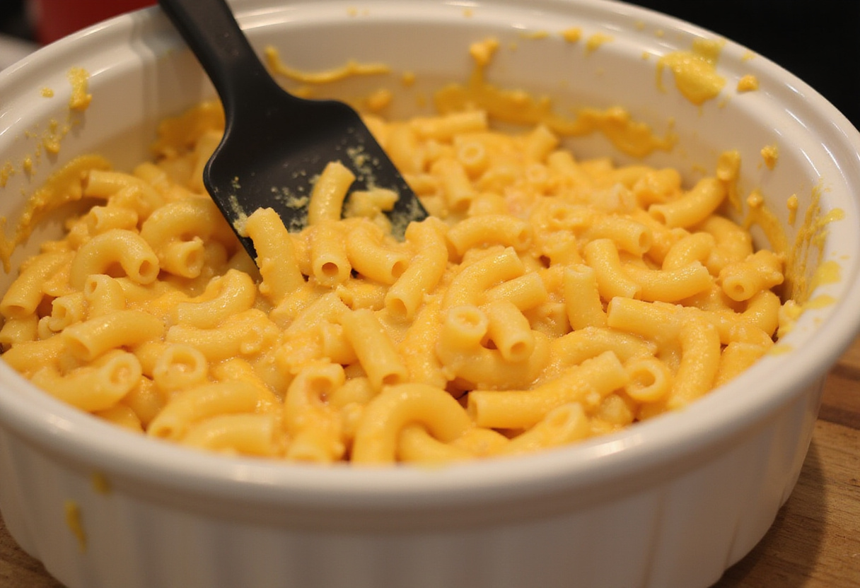 Macaroni and cheese mixture being stirred in a casserole dish before baking Cracker Barrel style.
