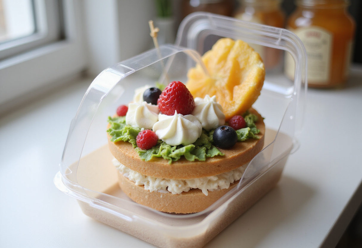Delicious homemade bento cake in a takeaway container, a perfect treat.
