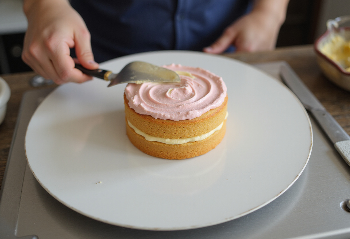 Frosting a small homemade cake with buttercream icing on a turntable.