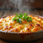 Delicious Traditional Scalloped Potatoes served with parsley garnish.
