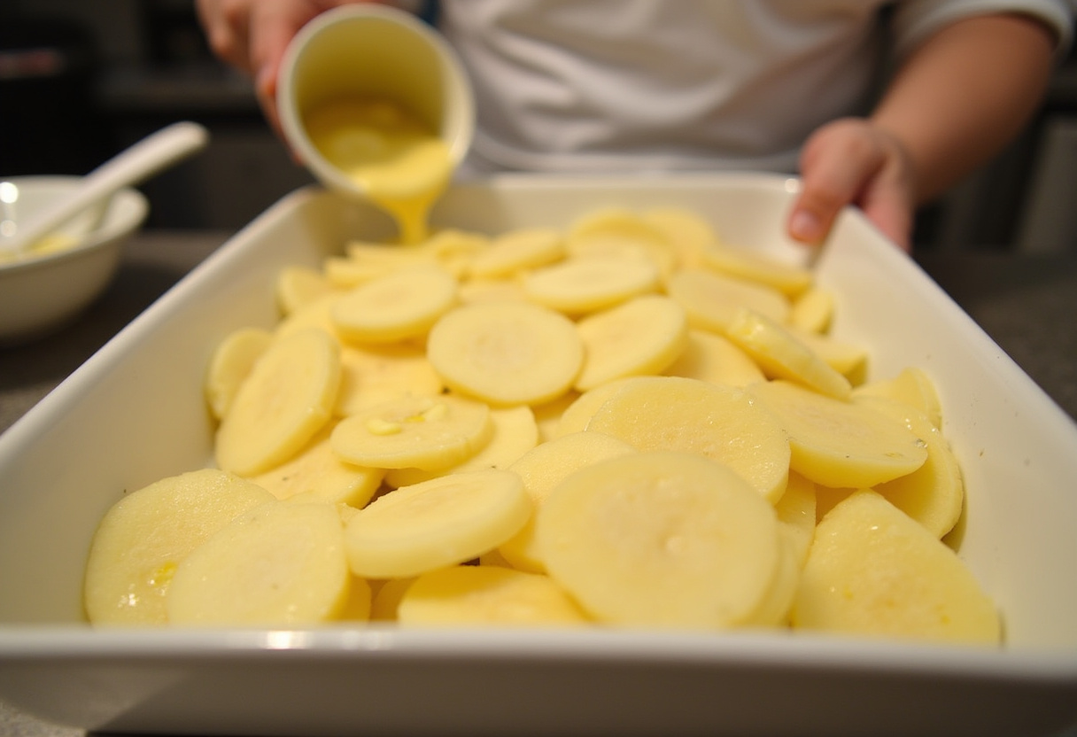 Potatoes being layered in a baking dish for Traditional Scalloped Potatoes.