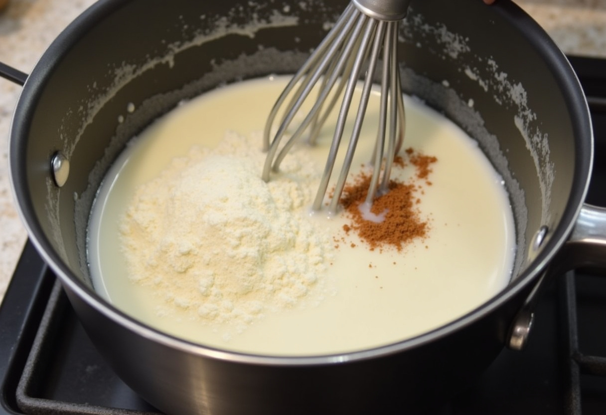 Creamy white sauce being prepared for Scalloped Potatoes.