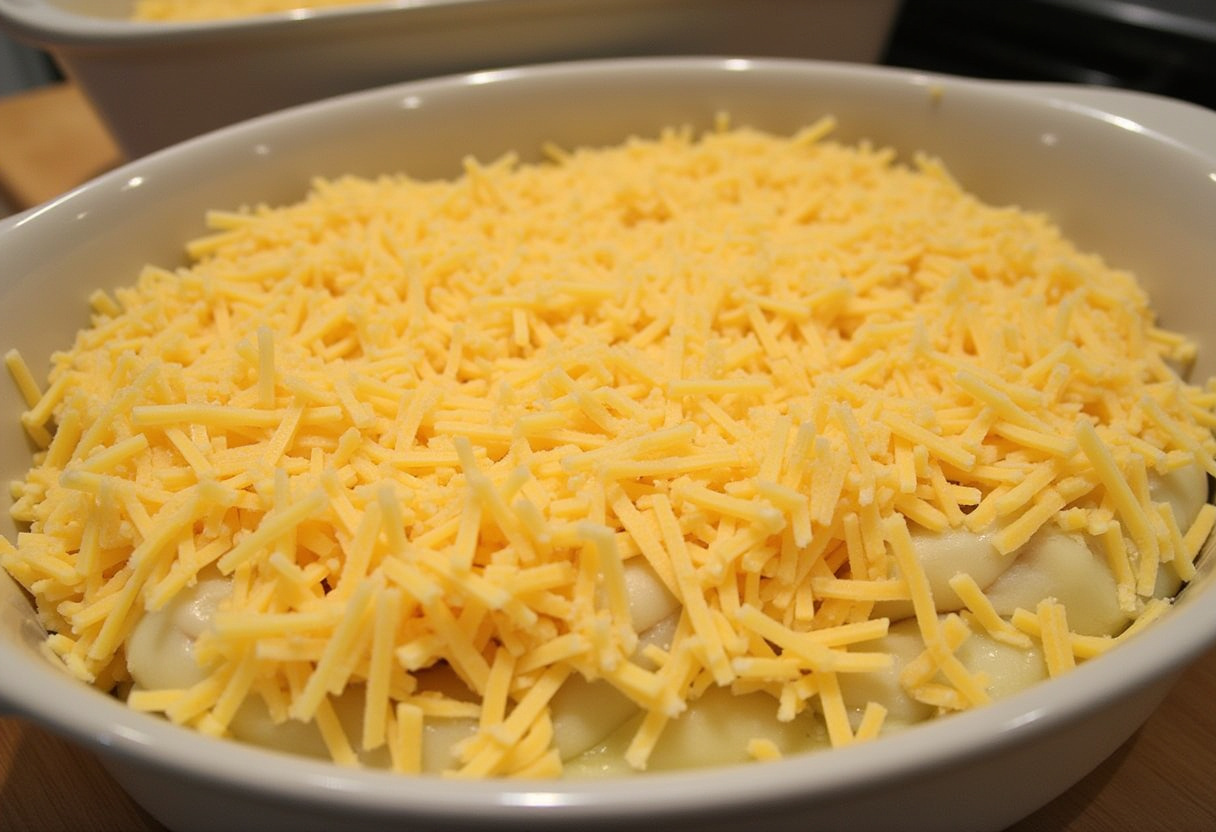 Cheese sprinkled on top of Scalloped Potatoes before baking.