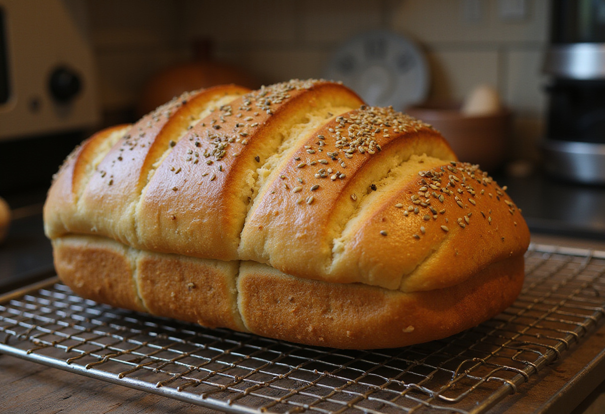 Freshly baked ultimate cabbage bread loaf cooling on a rack.
