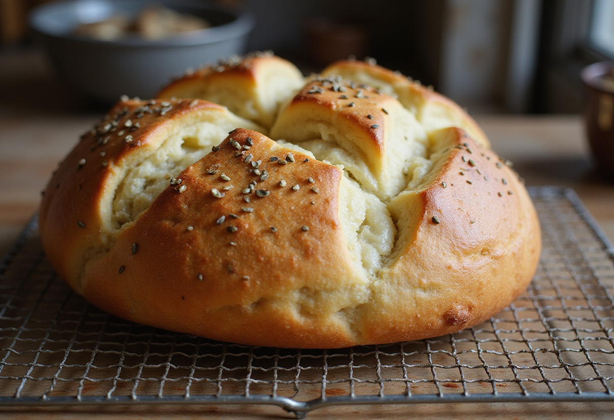 Freshly baked ultimate cabbage bread loaf cooling on a rack.