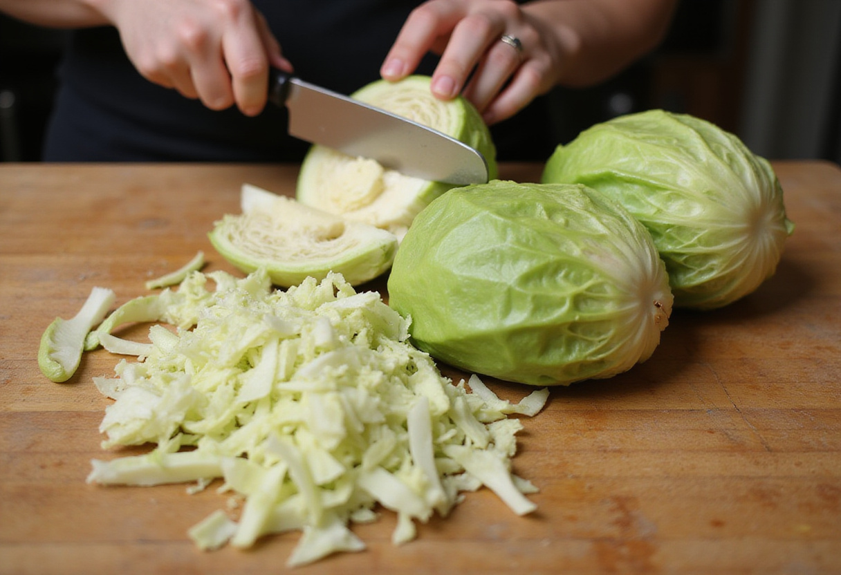 Shredding cabbage on a cutting board for cabbage bread recipe.