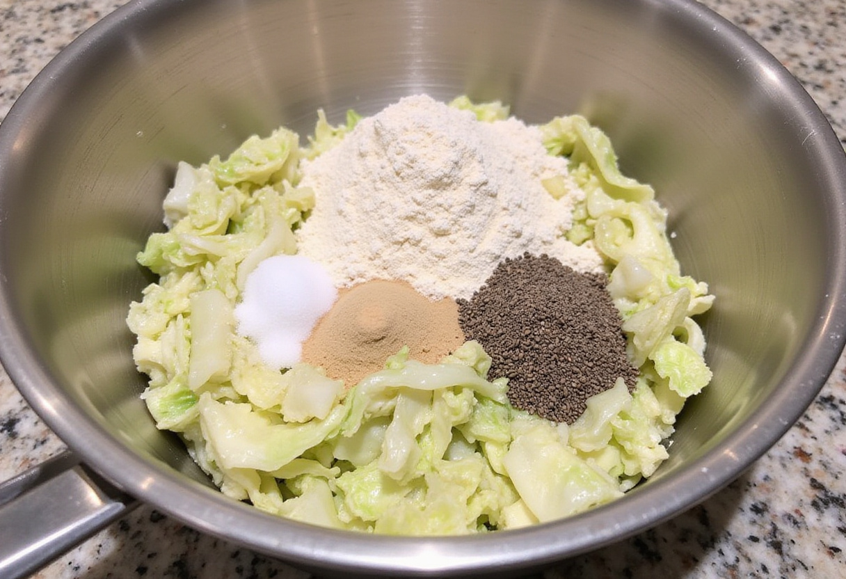 Combining ingredients in a bowl for ultimate cabbage bread.