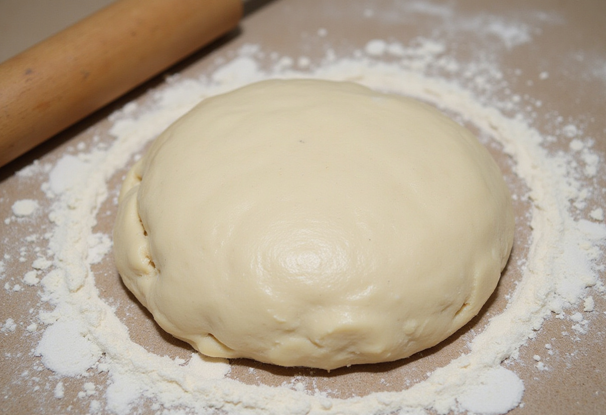 Kneading cabbage bread dough on a floured surface.