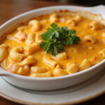 Finished Cracker Barrel Mac and Cheese casserole, ready to serve.