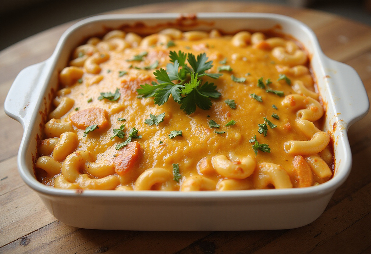 Finished Cracker Barrel Mac and Cheese casserole, ready to serve.