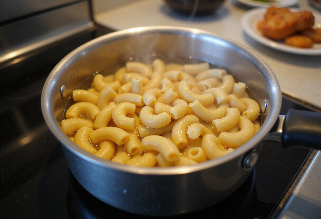 Macaroni boiling in a saucepan for Cracker Barrel Mac and Cheese.