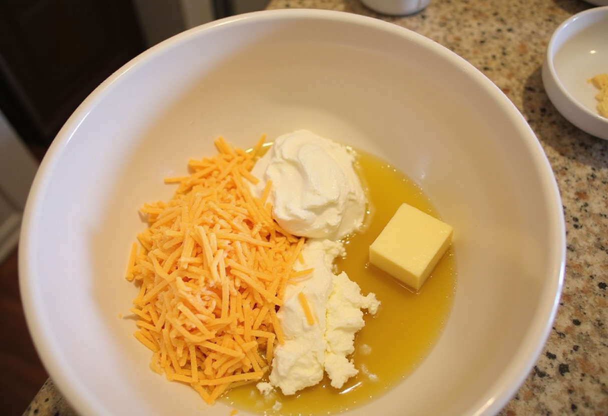 Cheddar cheese, cream cheese, and butter in a bowl for Cracker Barrel Mac and Cheese recipe.