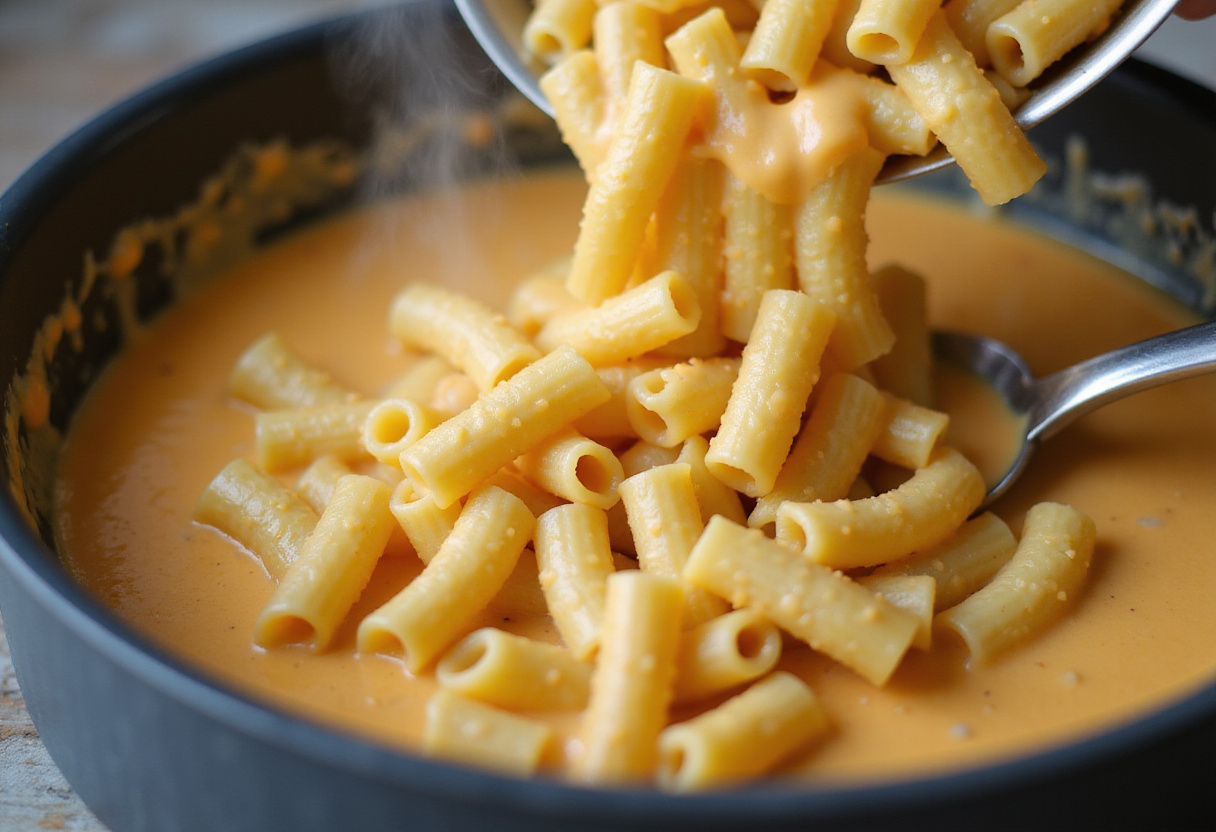 Macaroni being added to cheese sauce for Cracker Barrel Mac and Cheese.