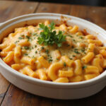 Delicious casserole dish of Cracker Barrel Mac and Cheese, baked to golden perfection.