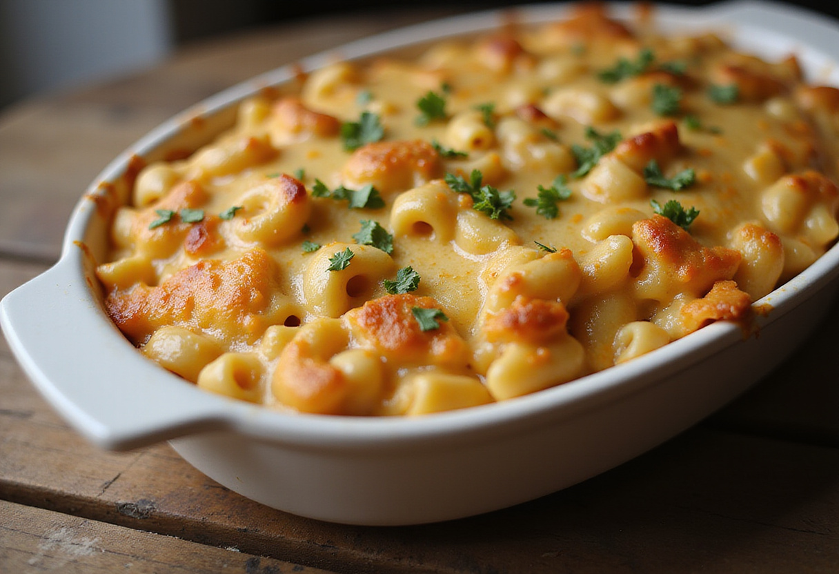 Delicious casserole dish of Cracker Barrel Mac and Cheese, baked to golden perfection.