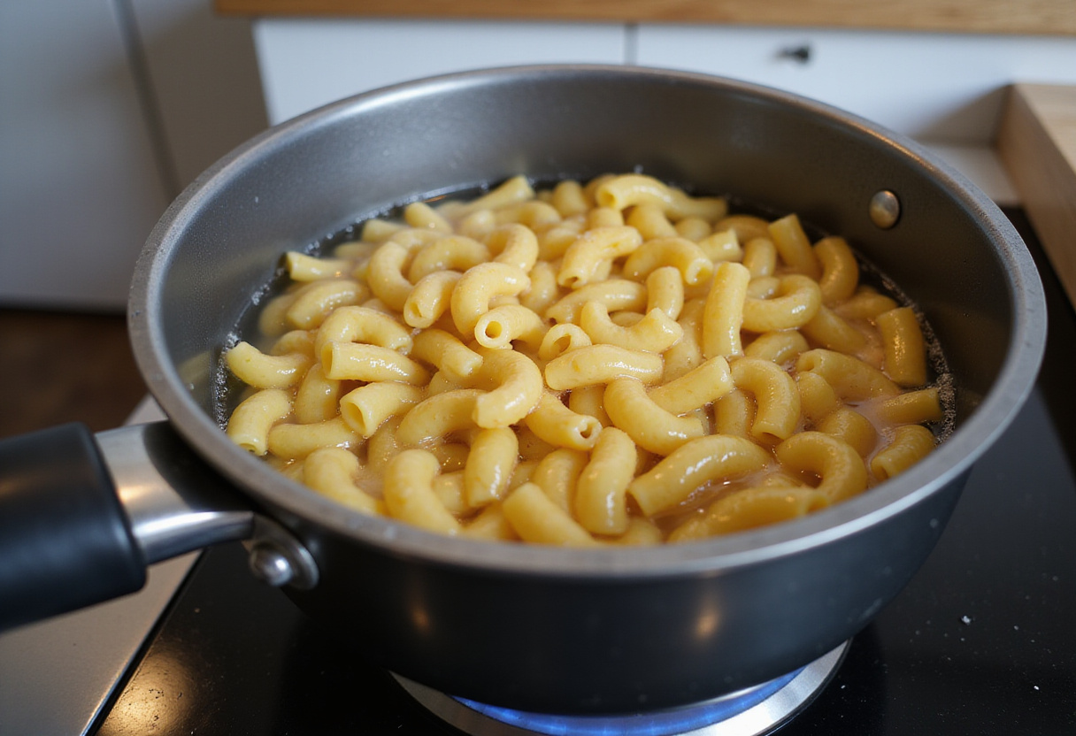 Elbow macaroni boiling in salted water for Cracker Barrel Mac and Cheese.