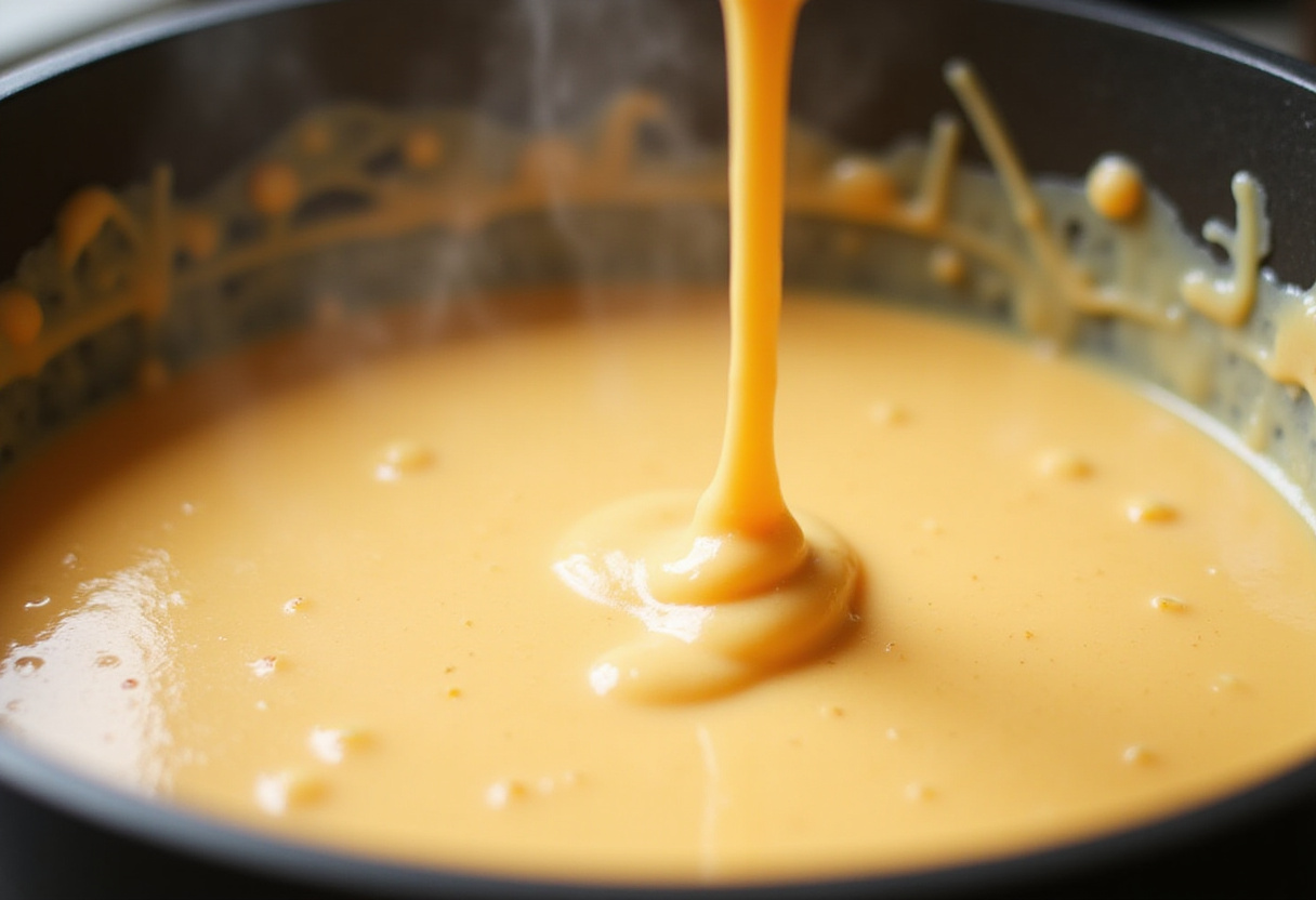 Stirring a creamy cheese sauce for a homemade macaroni and cheese recipe.