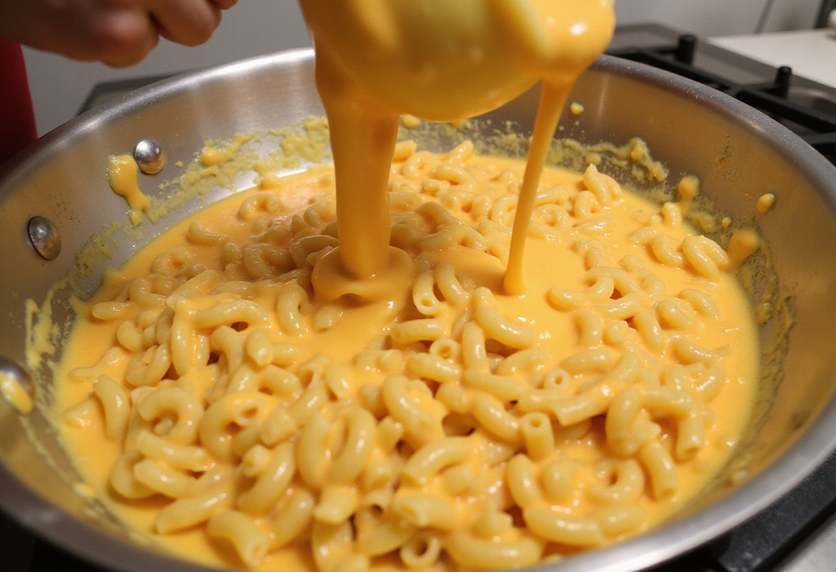 Mixing cooked macaroni noodles with homemade cheese sauce.