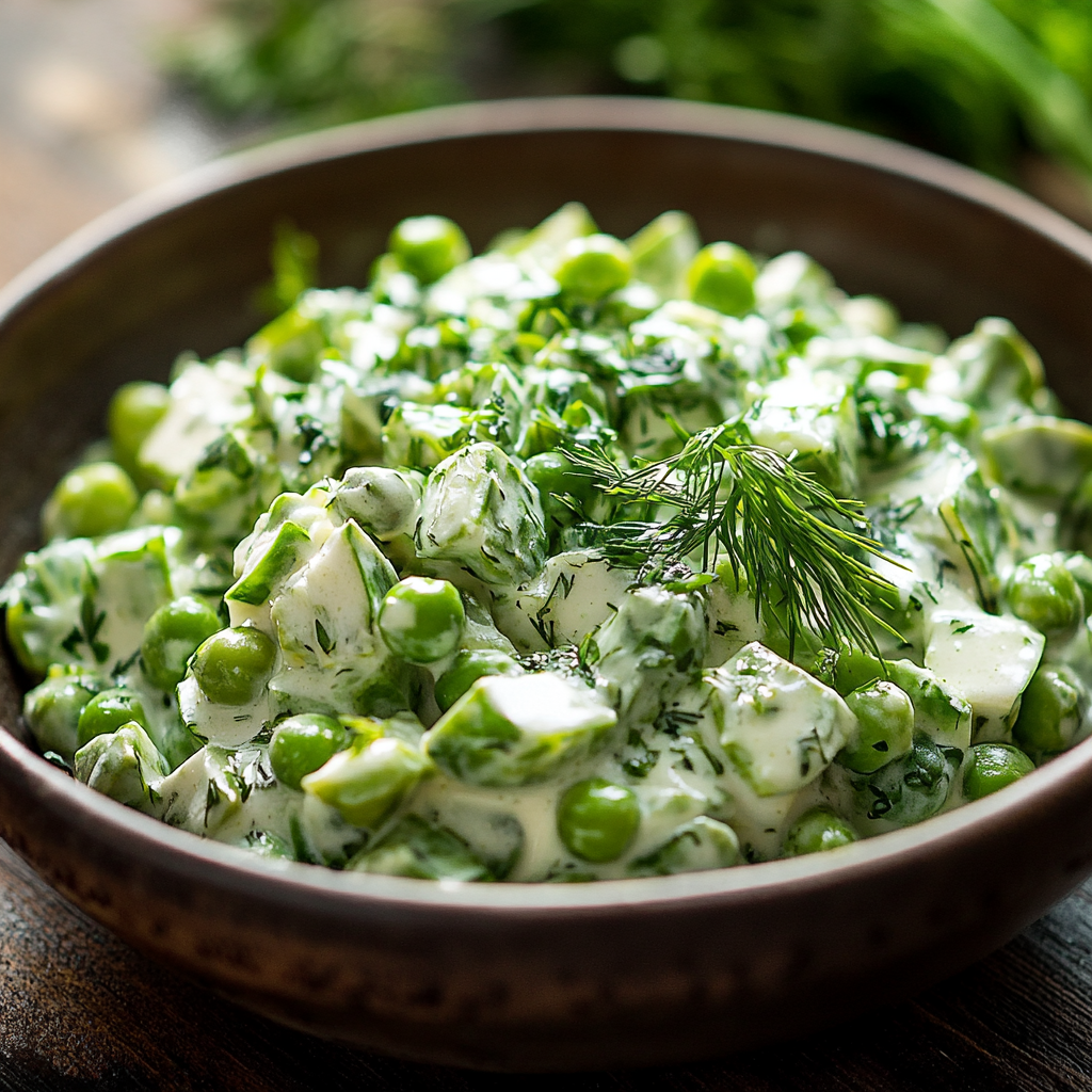 Finished Creamy Spring Pea Salad garnished with mint, perfect for a spring meal.