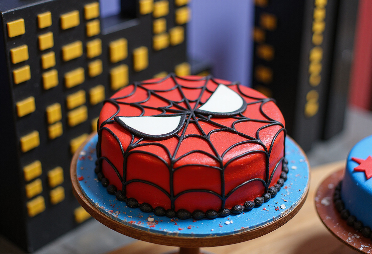 Finished Spiderman cake with detailed web design and character embellishments, ready for a superhero-themed party.