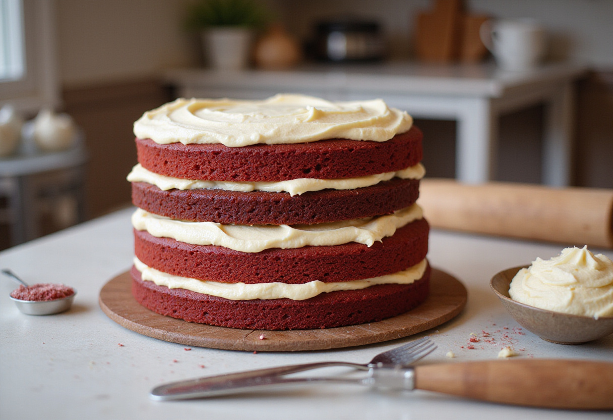 Red velvet cake layers and frosting prepared for making a Spiderman cake.