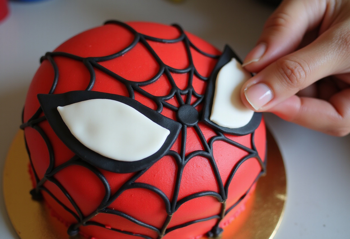 Fondant Spiderman eyes being placed on the cake to complete the Spiderman cake decoration.