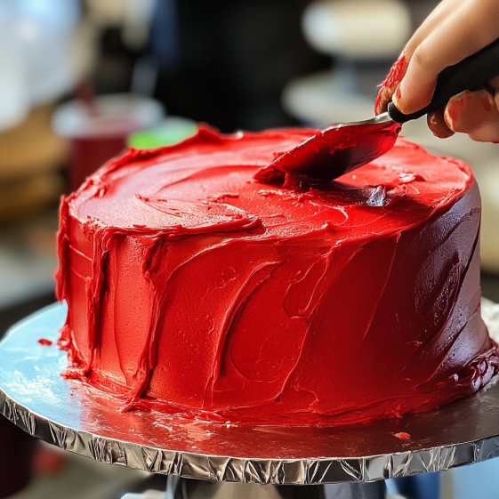 Red buttercream frosting being applied to layered cakes on a turntable for a Spiderman-themed cake.